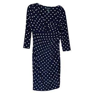 Lauren Ralph Lauren Navy Polka Dot Faux Wrap Dress Size 10 Classic Preppy